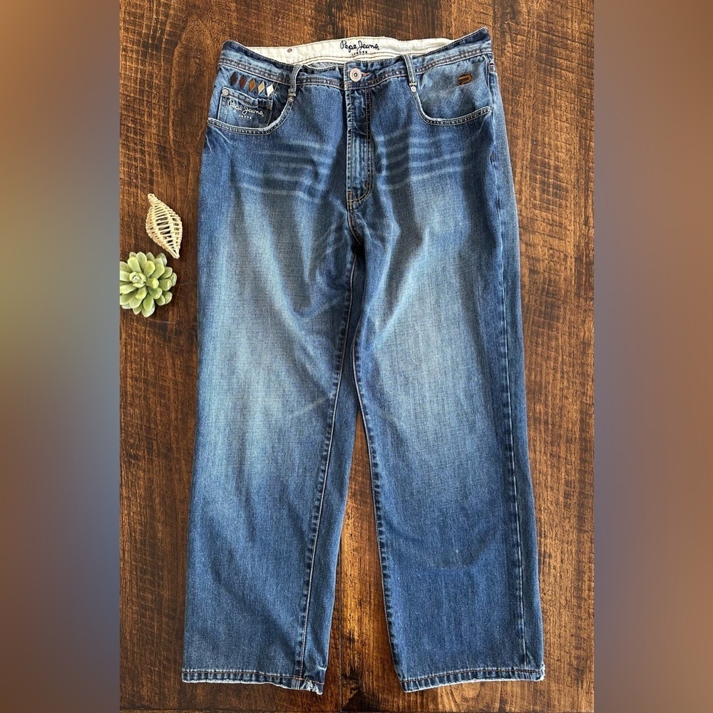 Pepe Jeans London | 90s Wide Leg Jeans with Pocket Embroidery Detail, Size 38x31